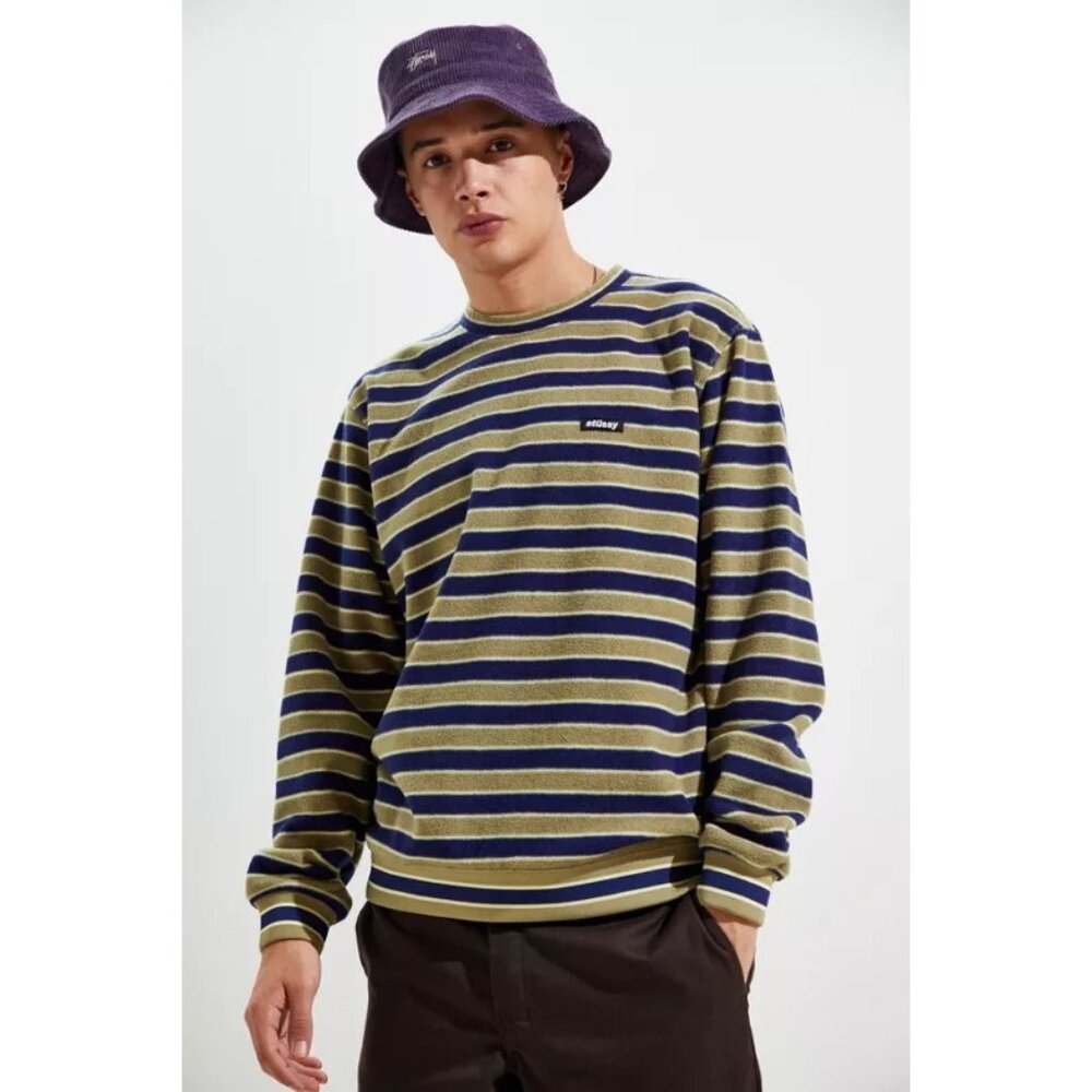 Stussy Striped Polar Fleece Crewneck in Green - Picture 2 of 5